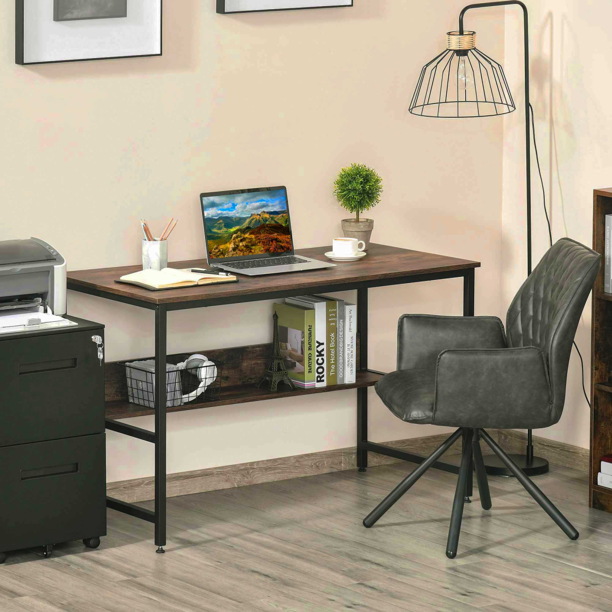 2-Tier Writing Desk Metal Frame Smooth Shelves Storage Shelf Rustic Brown