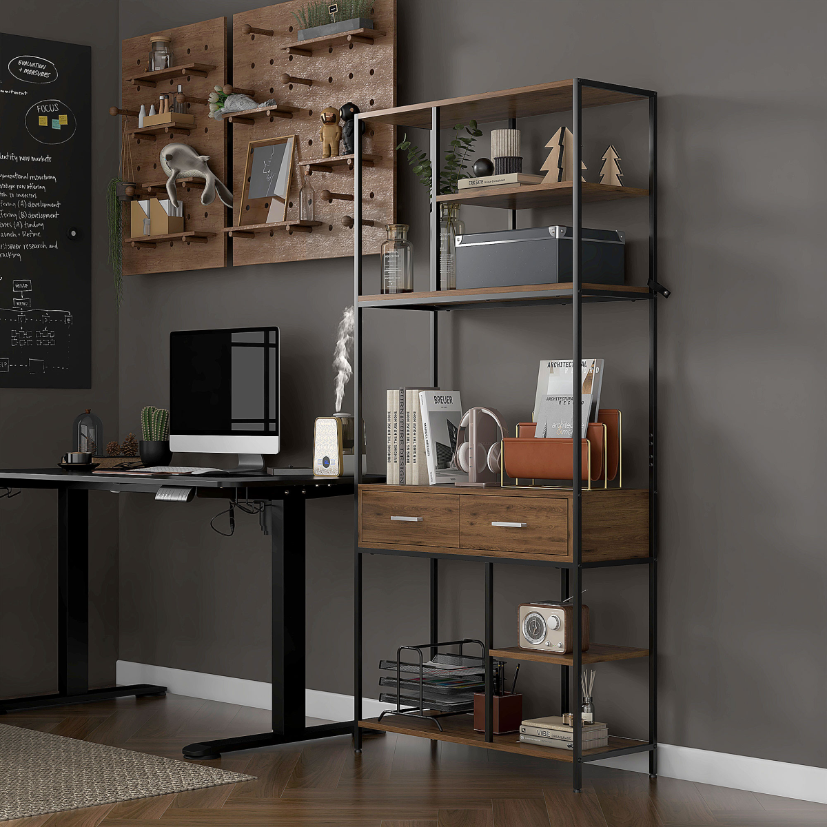 HOMCOM 5 Tier Free Standing Book Shelf with 2 Drawers for Study, Living Room