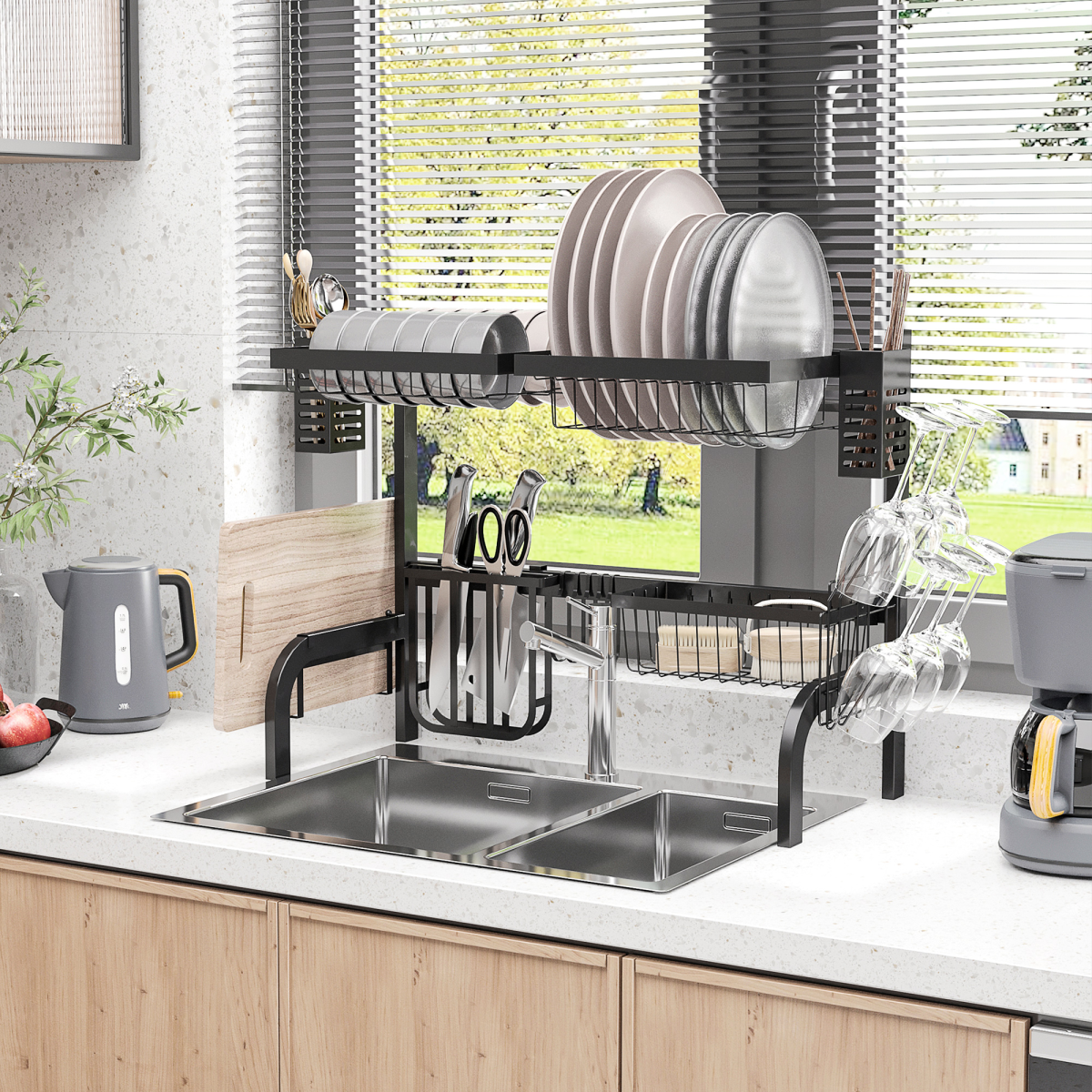 HOMCOM Over The Sink Dish Drainer Rack, 2 Tier Dish Rack for Kitchen, Black