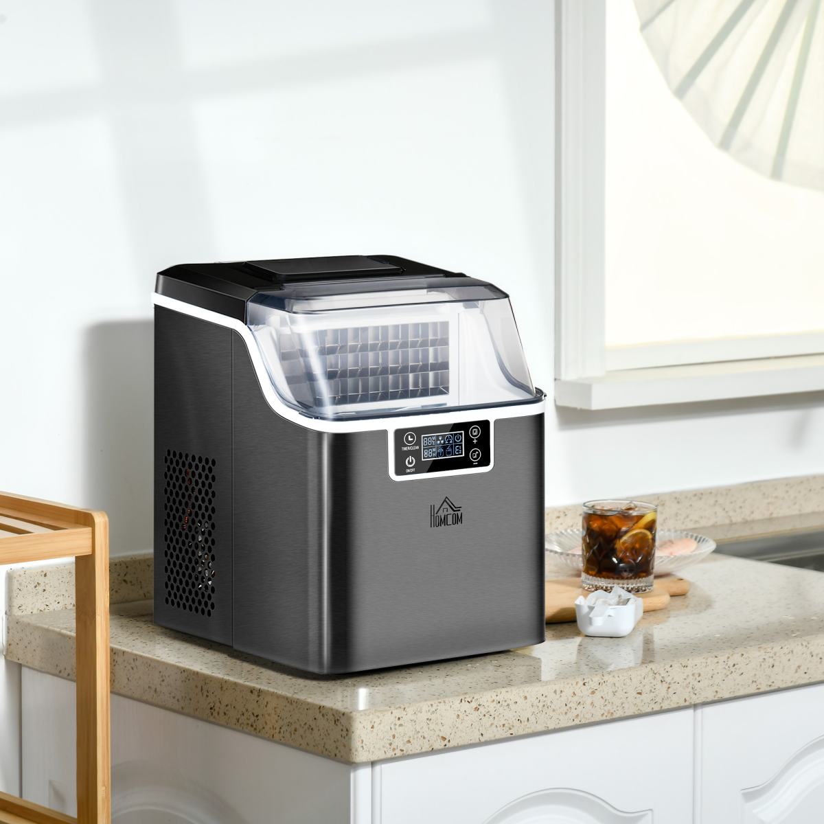 HOMCOM Counter Top Ice Maker Machine with Adjustable Cube Size Scoop Black