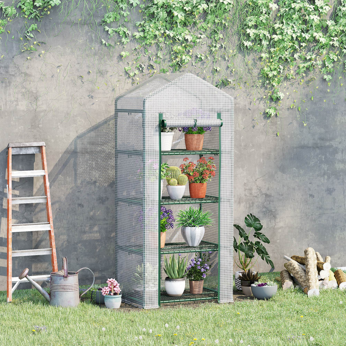 4 Tier Mini Greenhouse, Portable with Steel Frame, PE Cover, 160x69x50cm