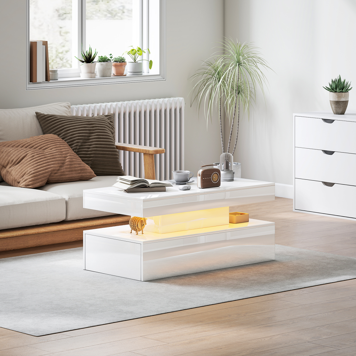 HOMCOM LED Coffee Table with Storage, High Gloss Living Room Table, White