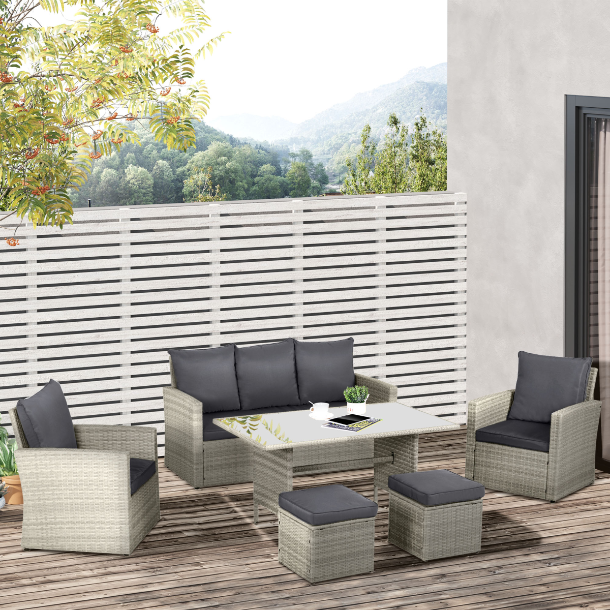 6 PCS Outdoor Rattan Sofa Furniture Sets with Footstool Cushions Grey Outsunny