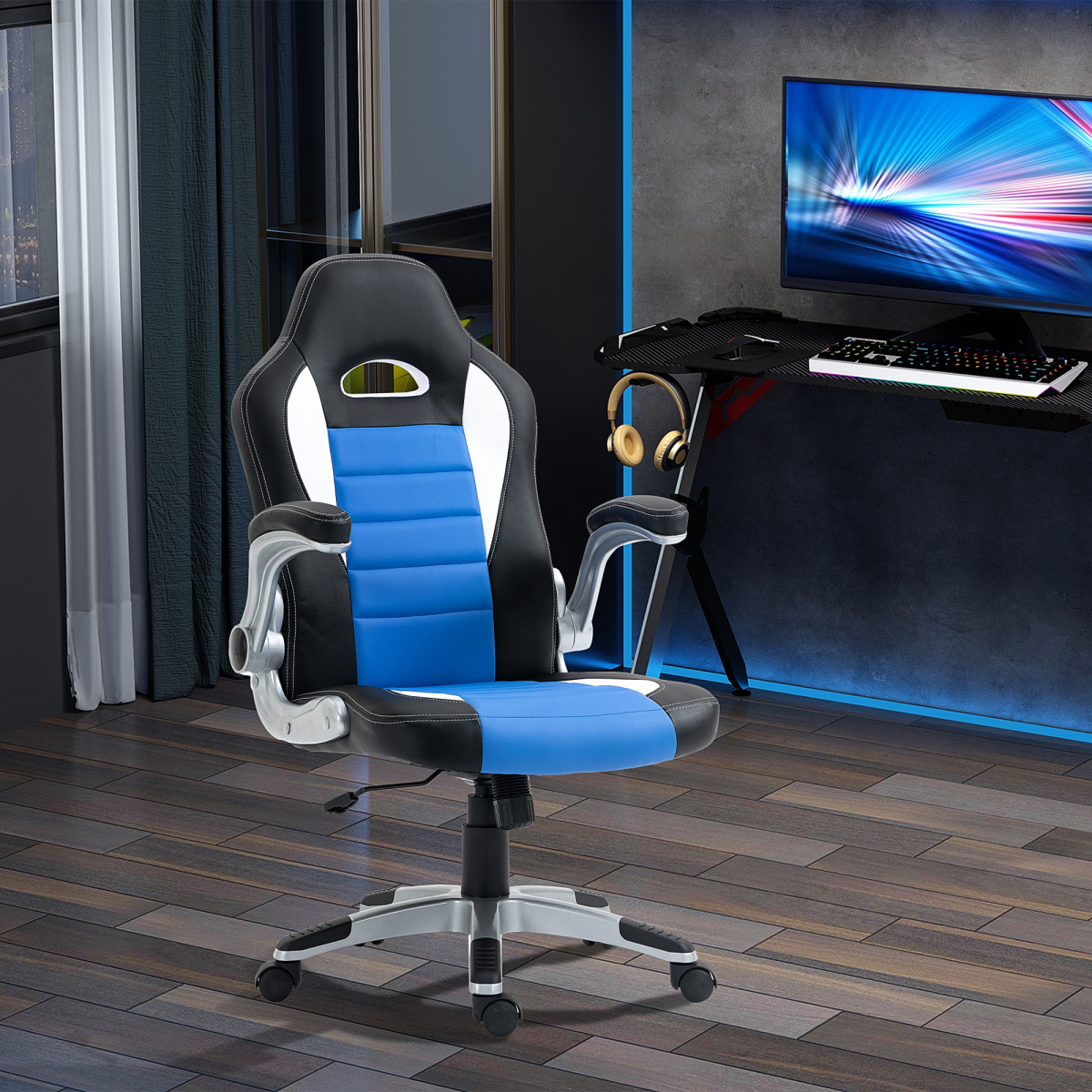 Adjustable Blue Racing Gaming Chair with Swivel Seat & Flip-Up Armrests