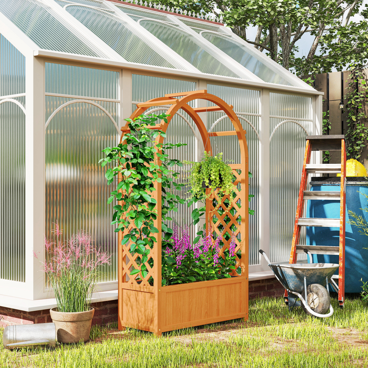 Outsunny Wooden Raised Garden Bed with Trellis & Fabric Liner for Easy Planting