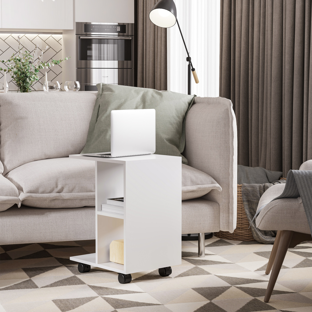 C-Shape End Table Storage Unit w/ 2 Shelves 4 Wheels Home  Office White