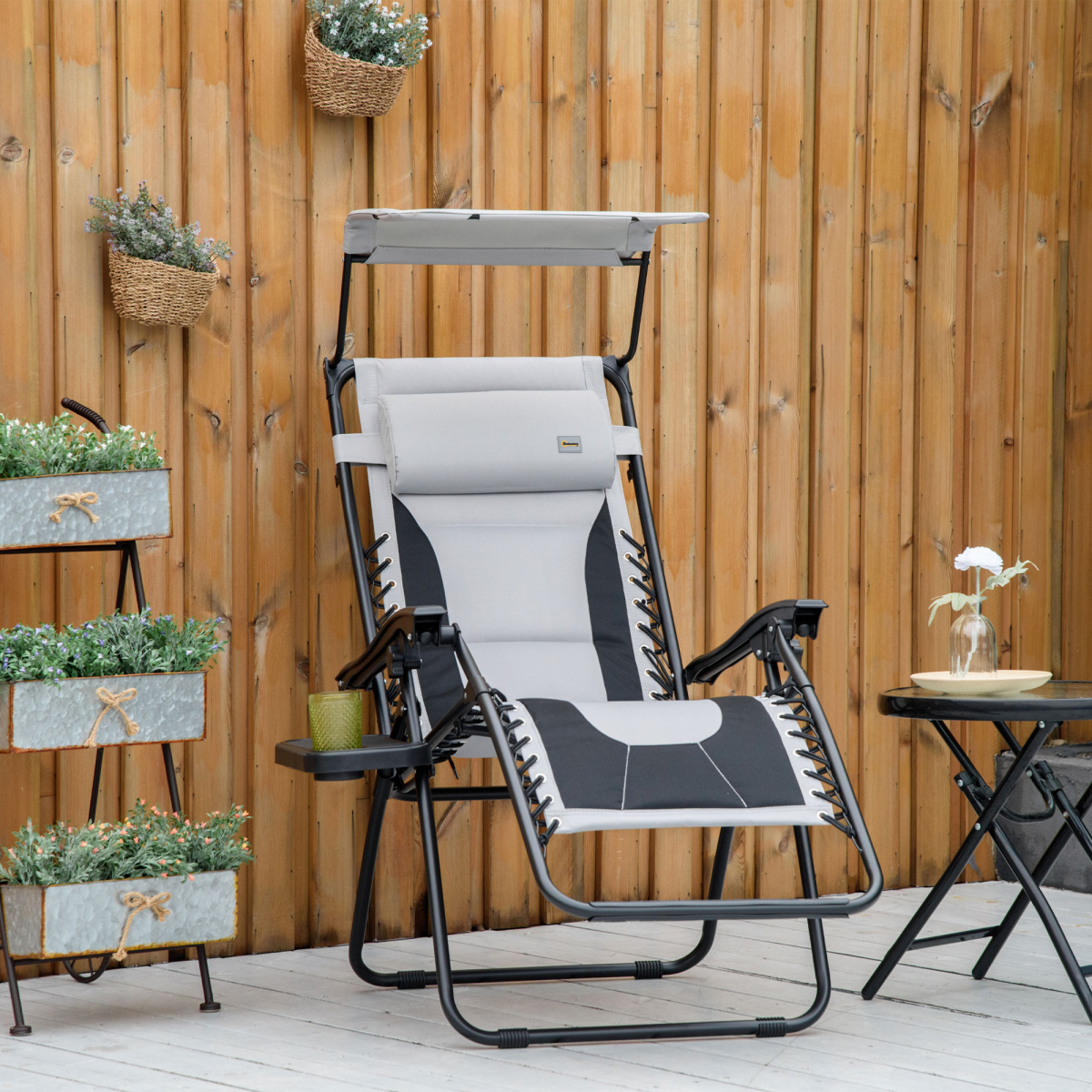 Zero Gravity Lounger Chair, Shade Cover, Cup Holder Headrest Grey