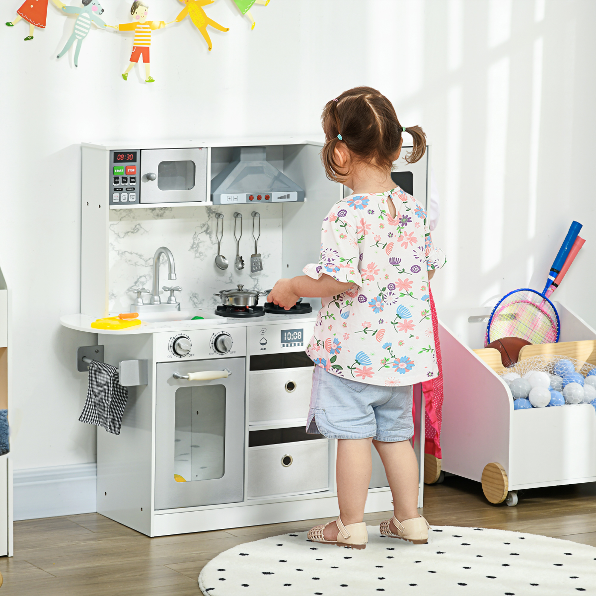 AIYAPLAY Toy Kitchen Playset with Lights, Sounds, Apron, Chef Hat - White