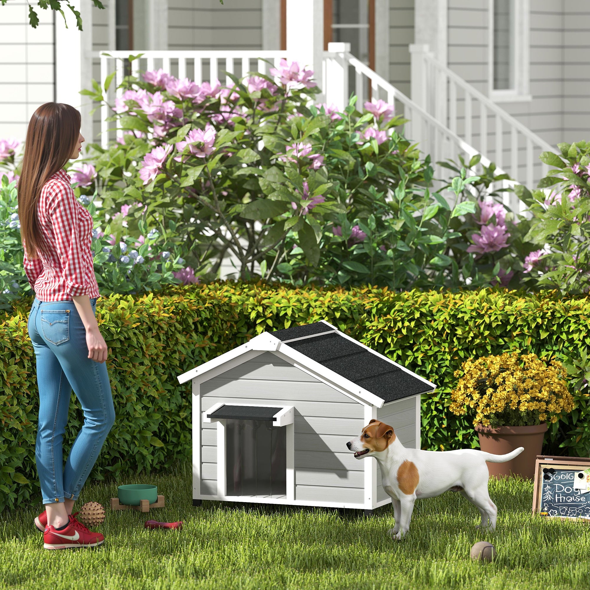 Wooden Dog House, Dog Kennel Outdoor w/ Openable Roof, Removable Floor, Curtain