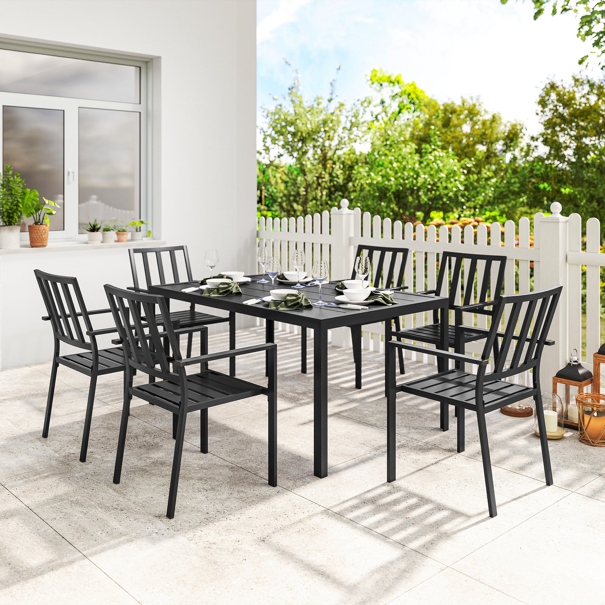 Outsunny 7 PCs Garden Dining Set w/ Stackable Chairs and Metal Top Table, Black