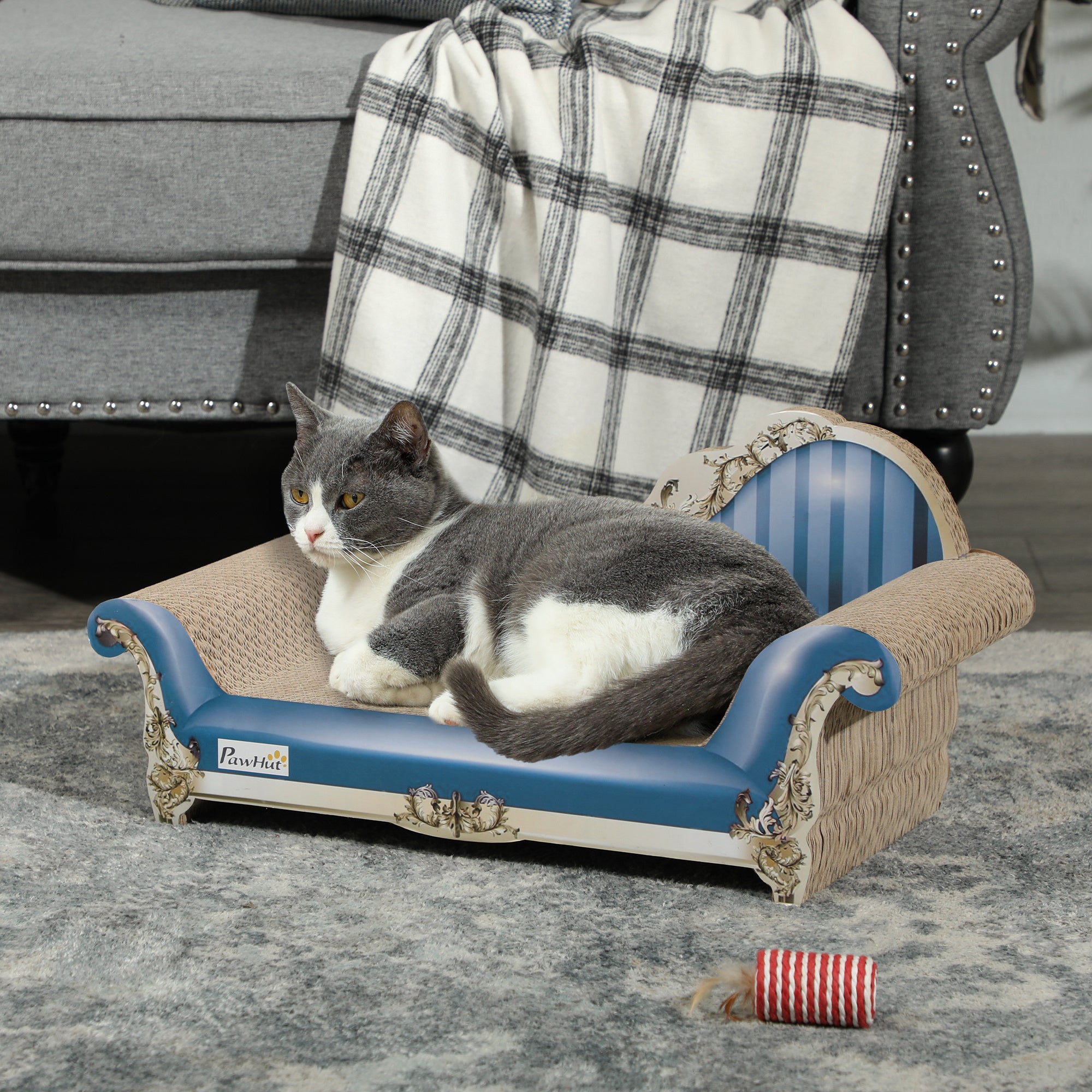 PawHut 2 in1 Cat Scratcher with Catnip, Cardboard Lounge Bed, Blue