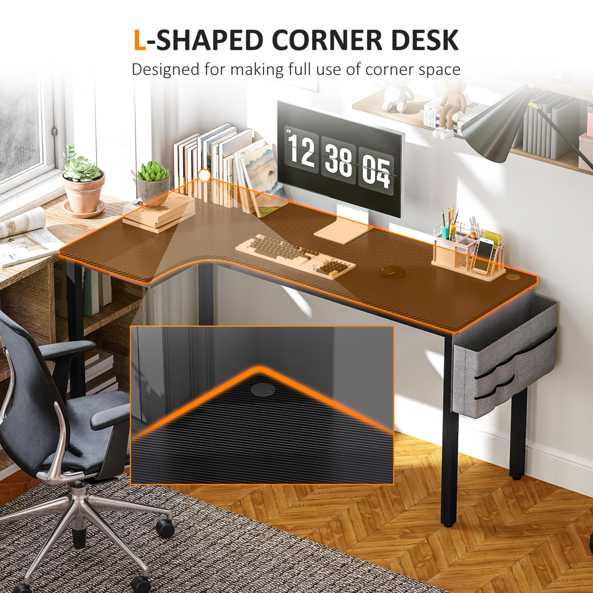 HOMCOM L-Shaped Corner Desk Computer with Fabric Bag and Hooks, Black