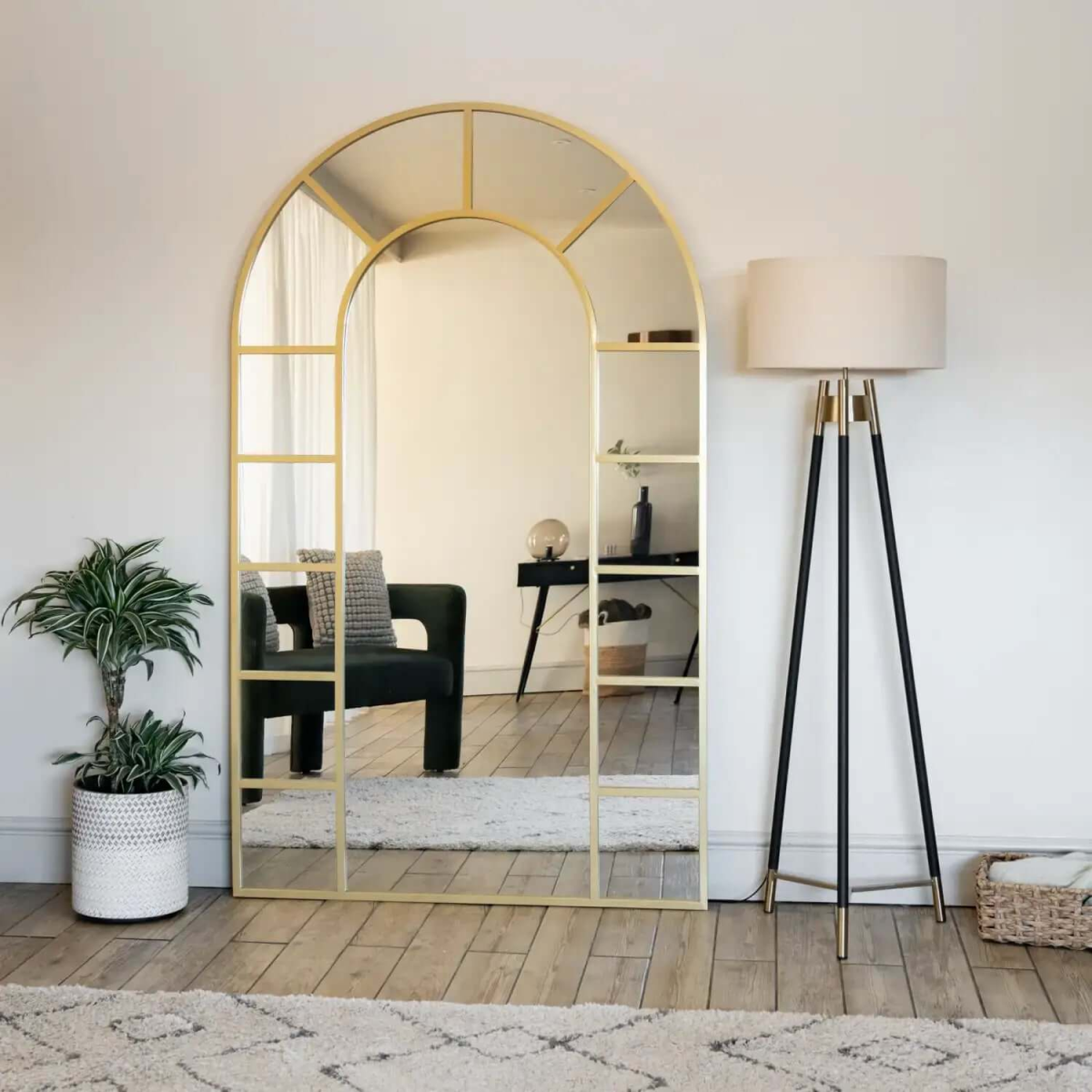 Elegant Mio Gold Metal Arched Window Mirror - 180cm x 90cm