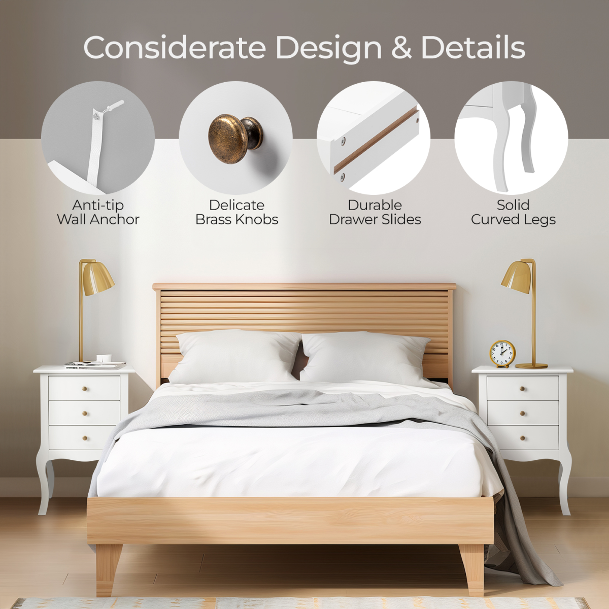 Elegant European White Bedside Table with 3-Tier Storage & Simple Design