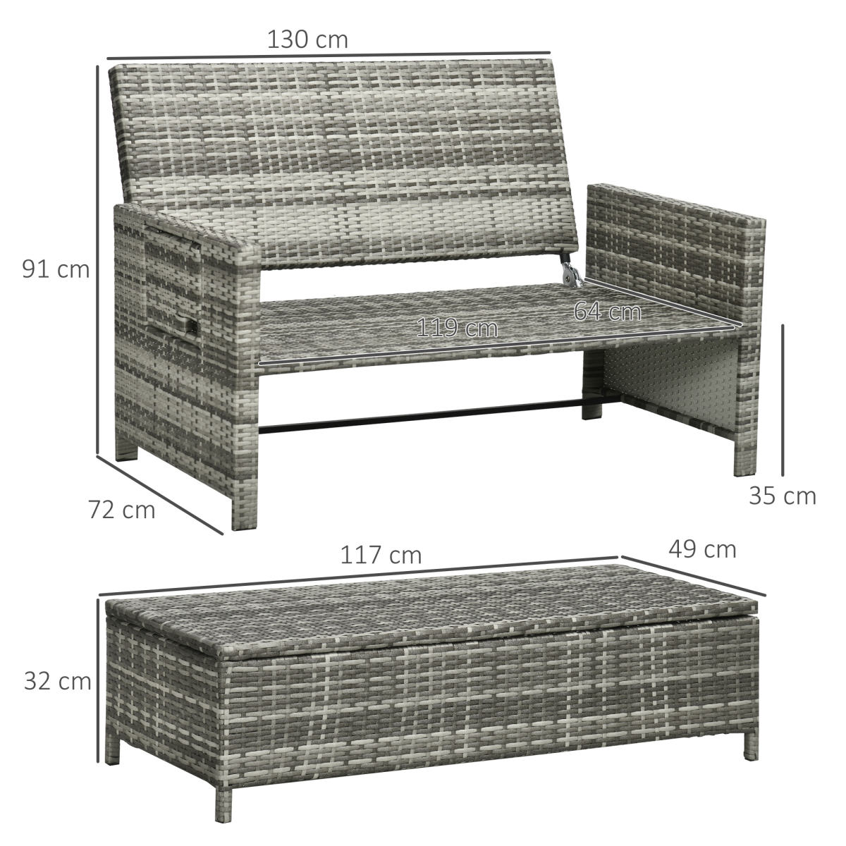 Outsunny Garden Rattan Furniture Set 2 Seater Patio Sun Lounger Daybed Sun Bed