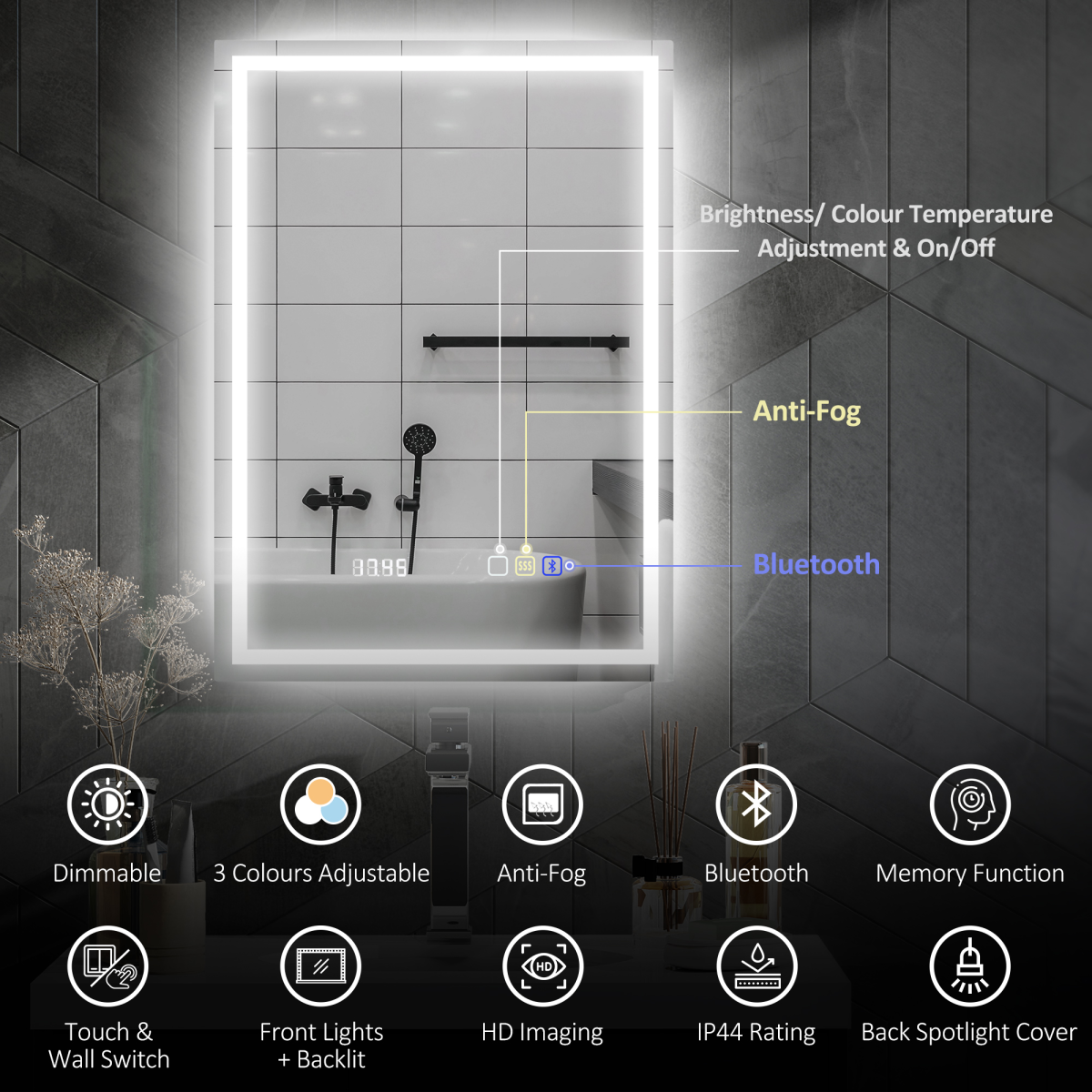 HOMCOM 500 x 700 mm Bathroom Mirror with Bluetooth Clock Lights Demister Pad