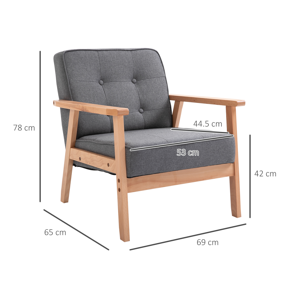 Retro Single Sofa Armchair Beech Wood Frame Padded Cushion Linen Fabric Grey
