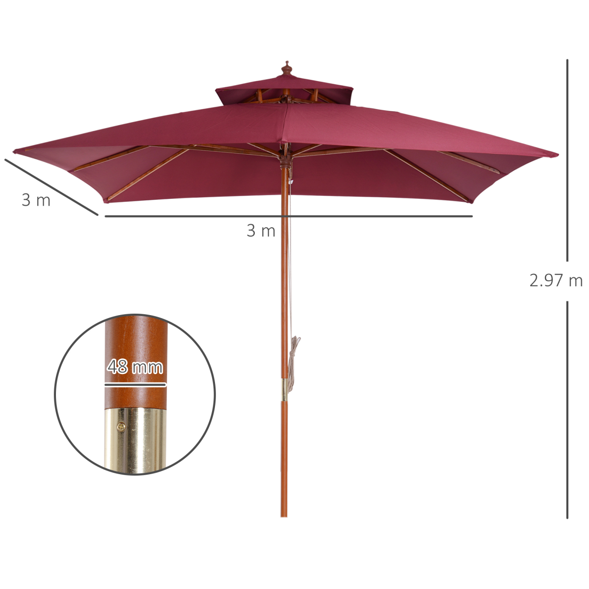 3m Patio Umbrella Bamboo Umbrella Parasol-Wine Red