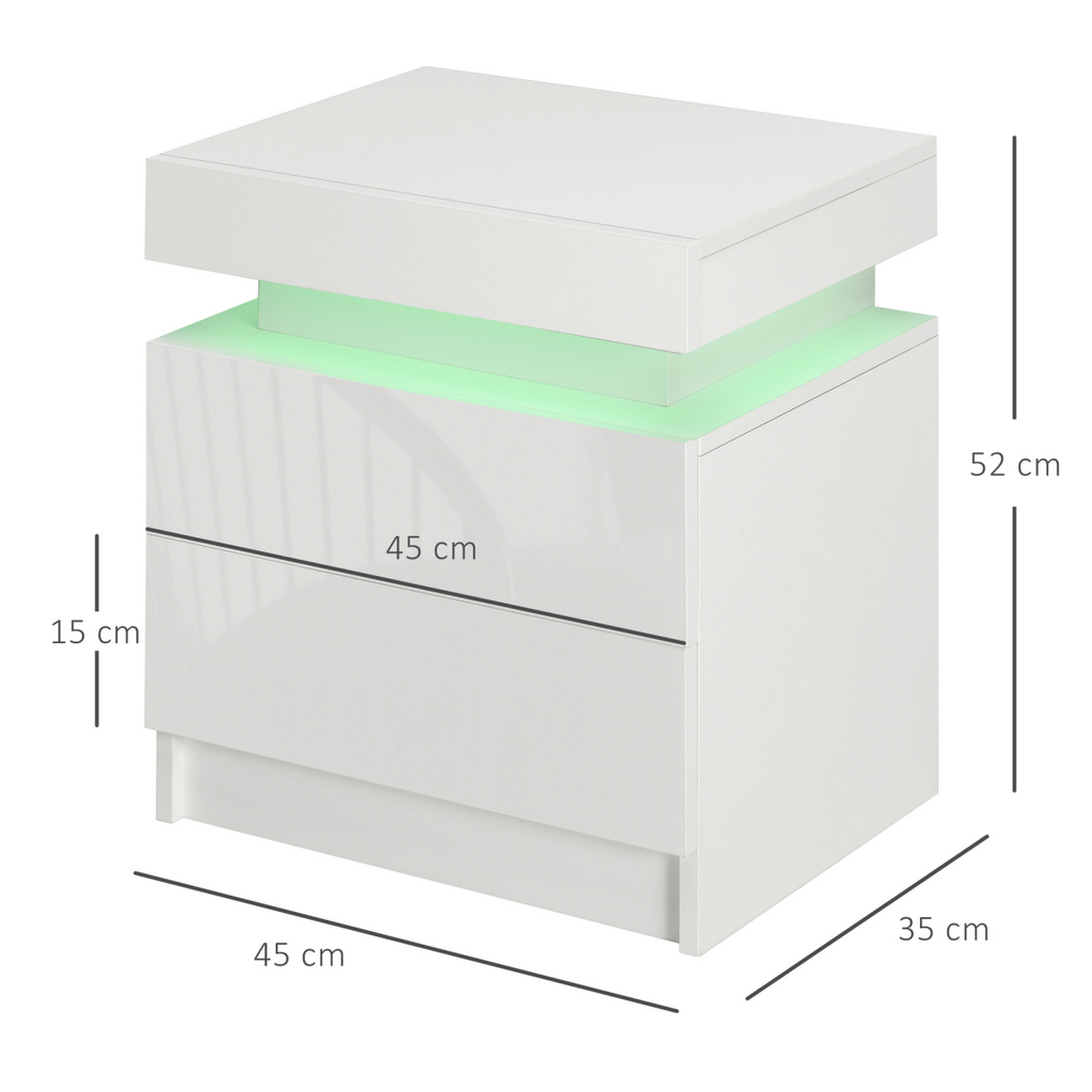 HOMCOM White Bedside Table, High Gloss Front Nightstand w/ LED Light, 2 Drawers