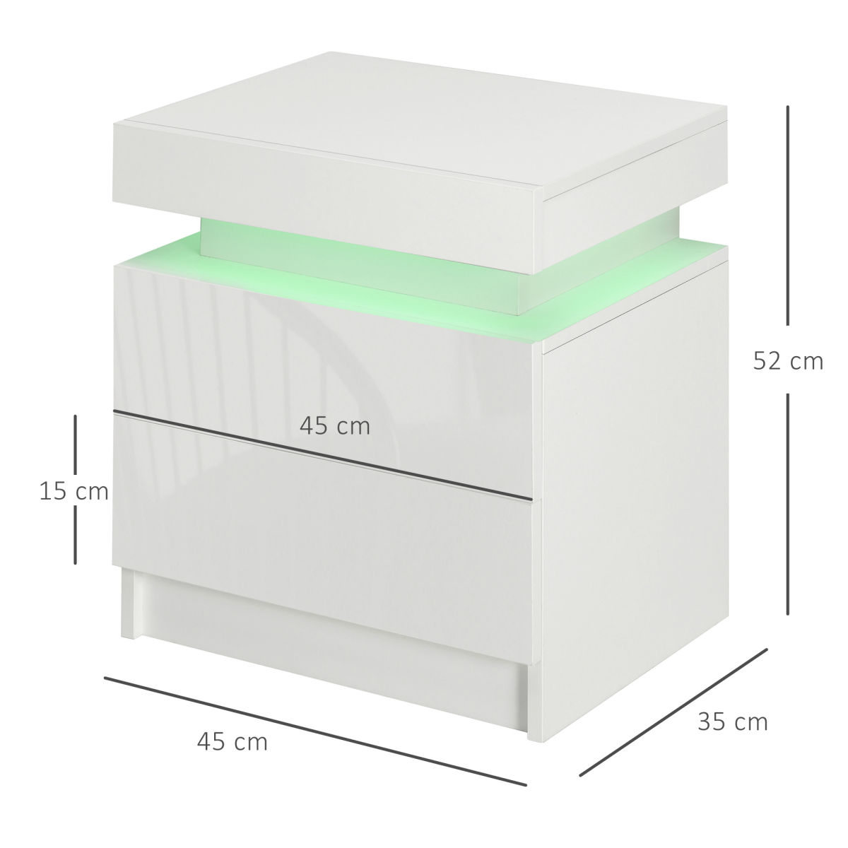 HOMCOM White Bedside Table, High Gloss Front Nightstand w/ LED Light, 2 Drawers