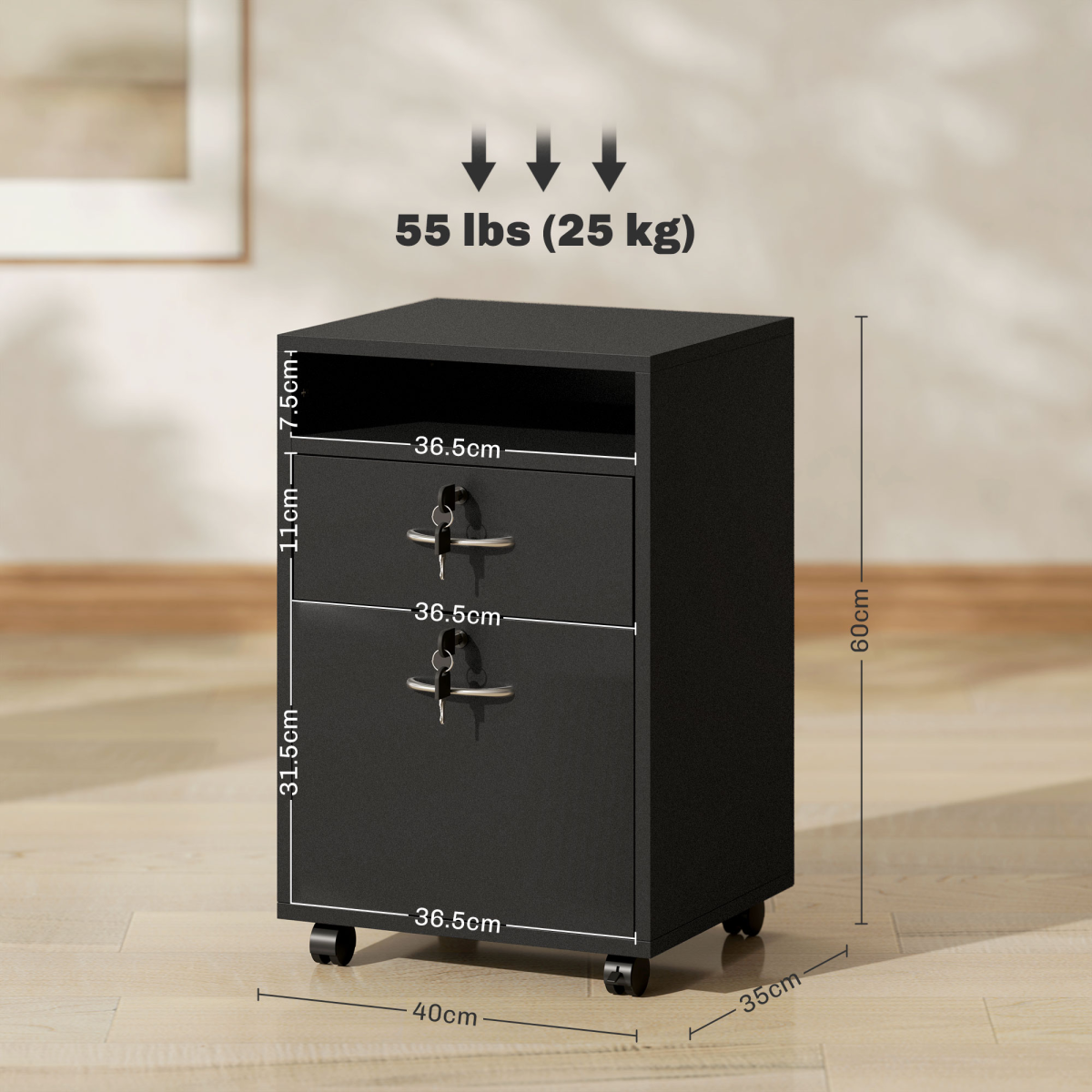HOMCOM 60cm Storage Cabinet with Drawers and Open Shelf, Black