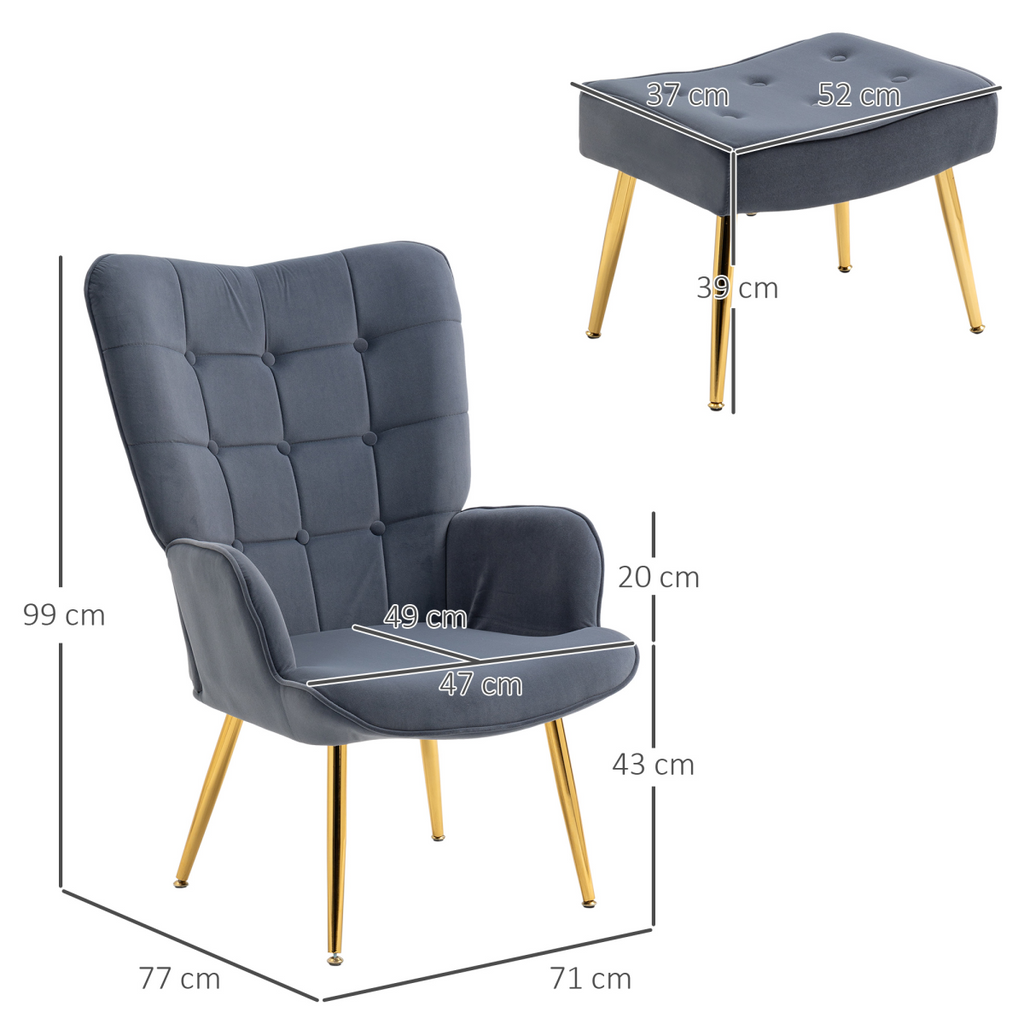 HOMCOM Button Tufted Armchair with Footstool and Gold Tone Steel Legs Dark Grey