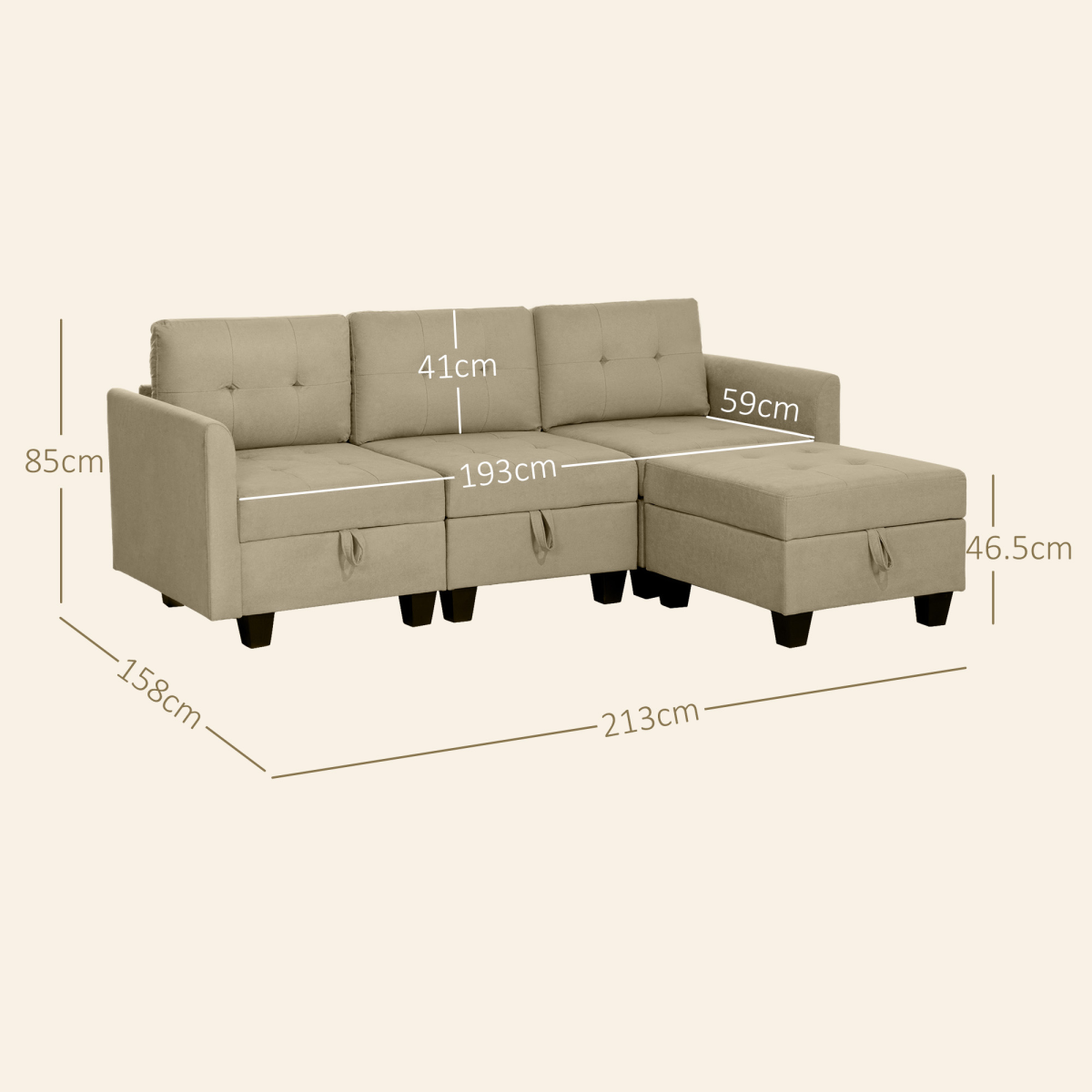 HOMCOM Convertible Modular Sectional Sofa w/ Storage Wood Frame Light Brown