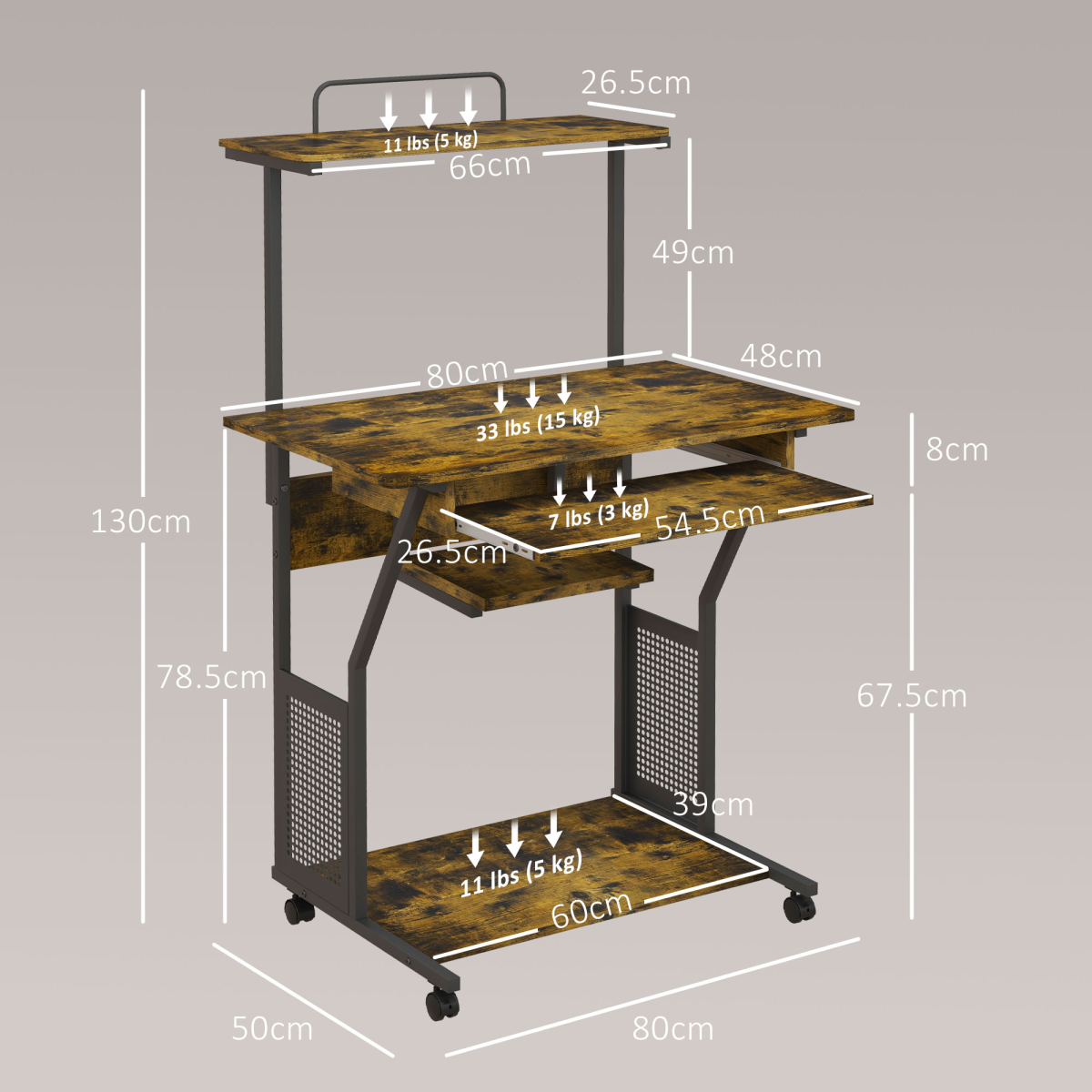 HOMCOM Rustic Brown Rolling Computer Desk with Keyboard Tray & Storage