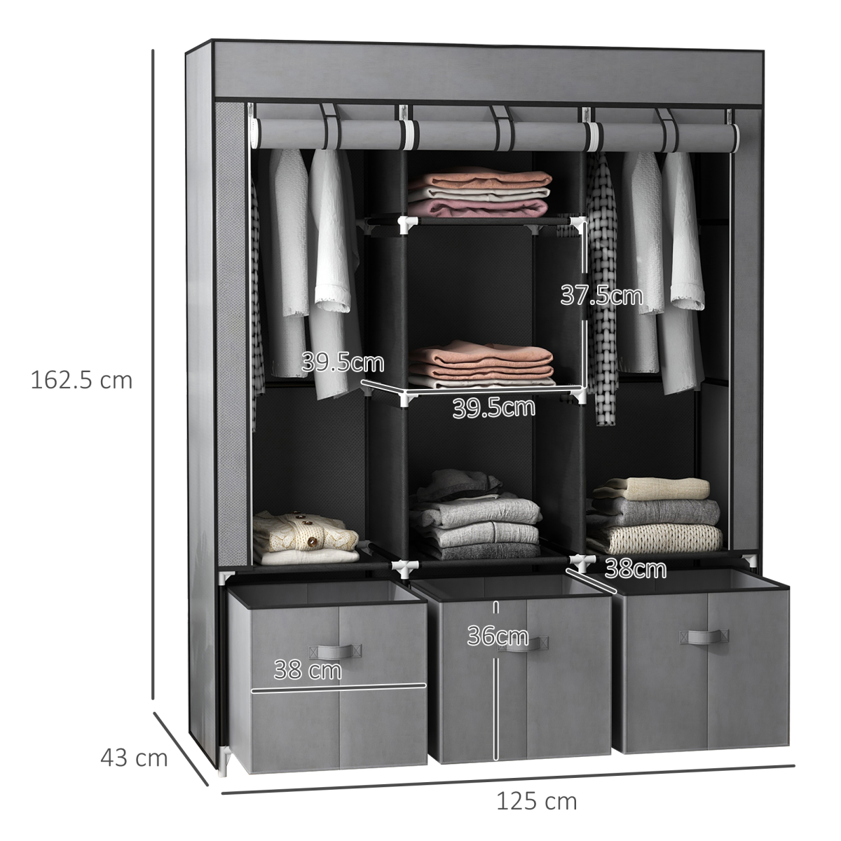 HOMCOM Portable Wardrobe w/ 5 Shelves 3 Fabric Drawers and 2 Hanging Rails Grey