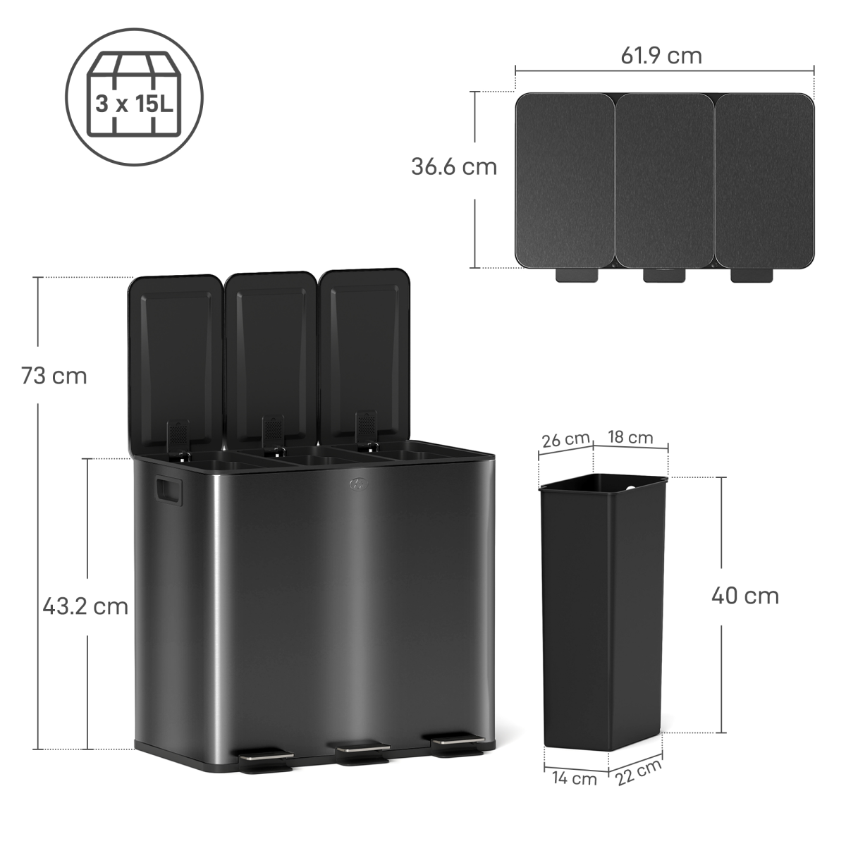 HOMCOM 3 x 15L Triple Kitchen Bin Pedal Bin for Recycling and Waste, Black