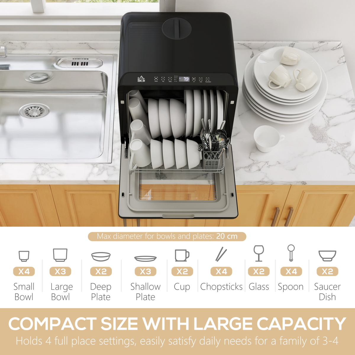 HOMCOM Countertop Dishwasher with Dual Water Supply and 6 Programs, Black