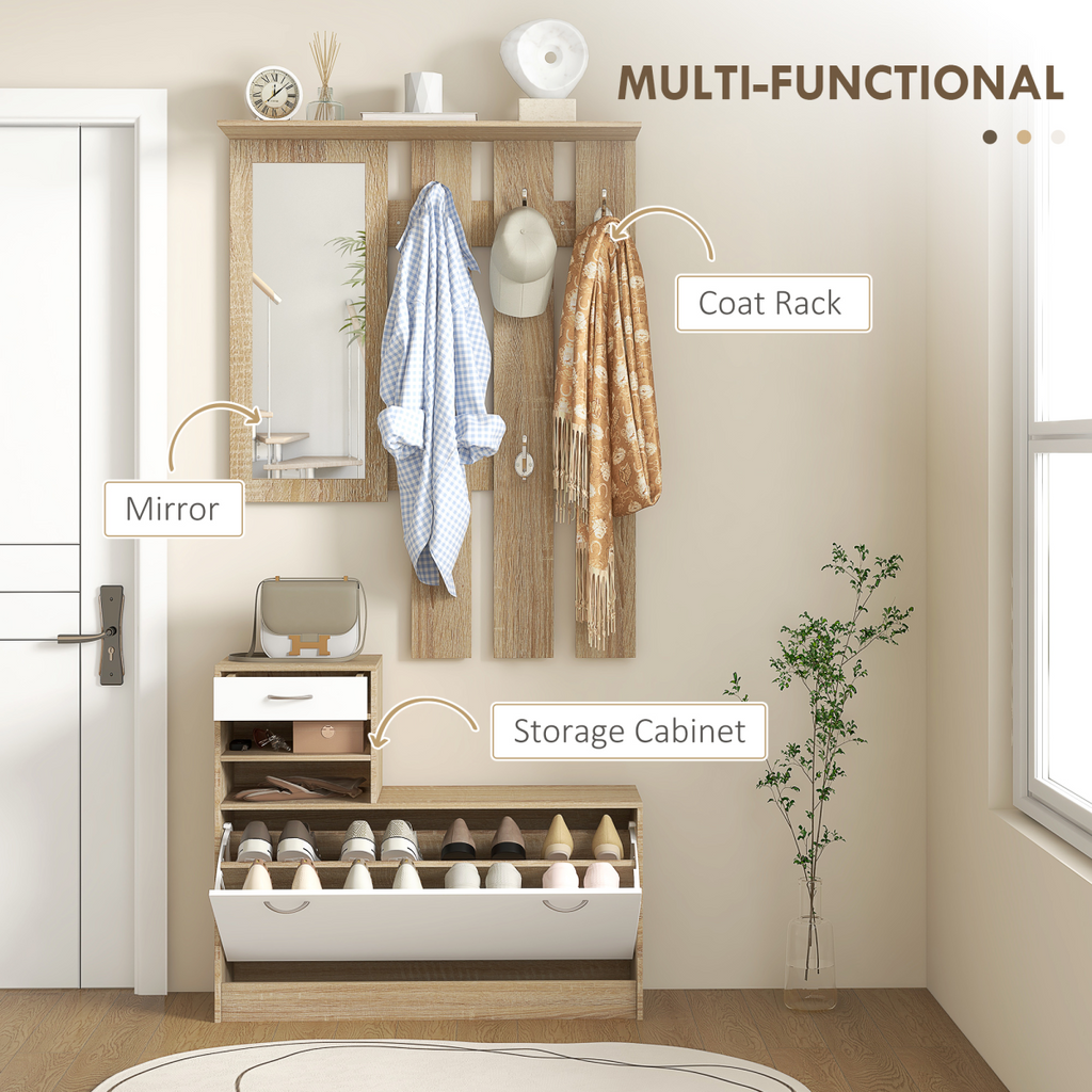 HOMCOM Hallway Furniture Set with Shoe Cabinet, Coat Rack and Mirror