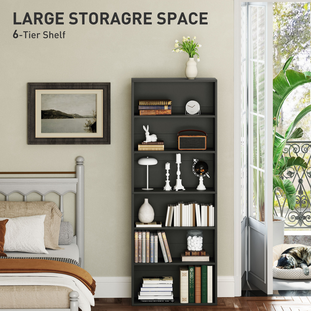 Elegant 6-Tier Adjustable Bookshelf - Stylish Black Freestanding Bookcase