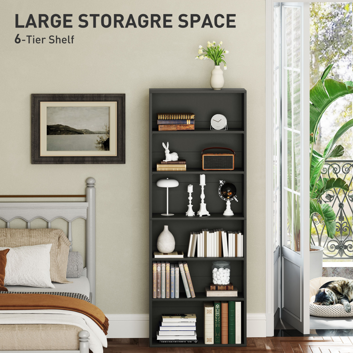 Elegant 6-Tier Adjustable Bookshelf - Stylish Black Freestanding Bookcase