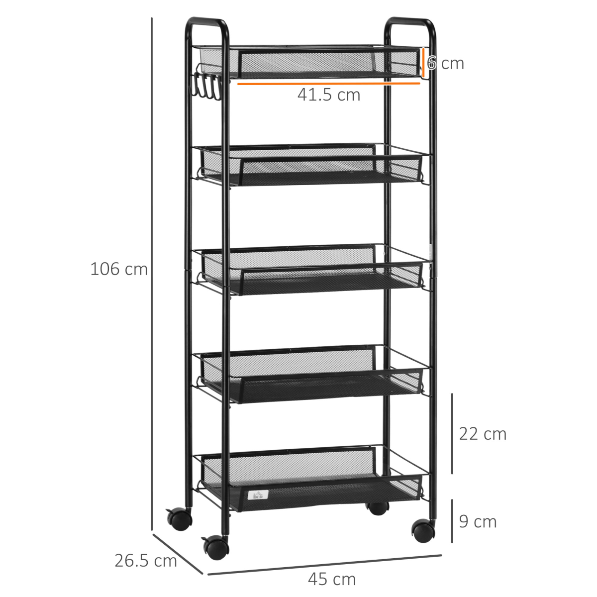 HOMCOM 5 Tier Utility Rolling Cart with Removable Mesh Baskets, Black