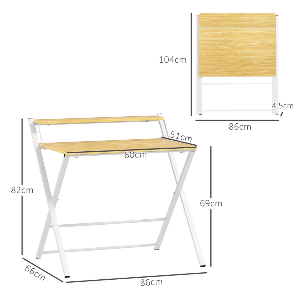 Space-Saving HOMCOM Folding Desk with 2-Tier Shelf – Stylish Maple Wood Design