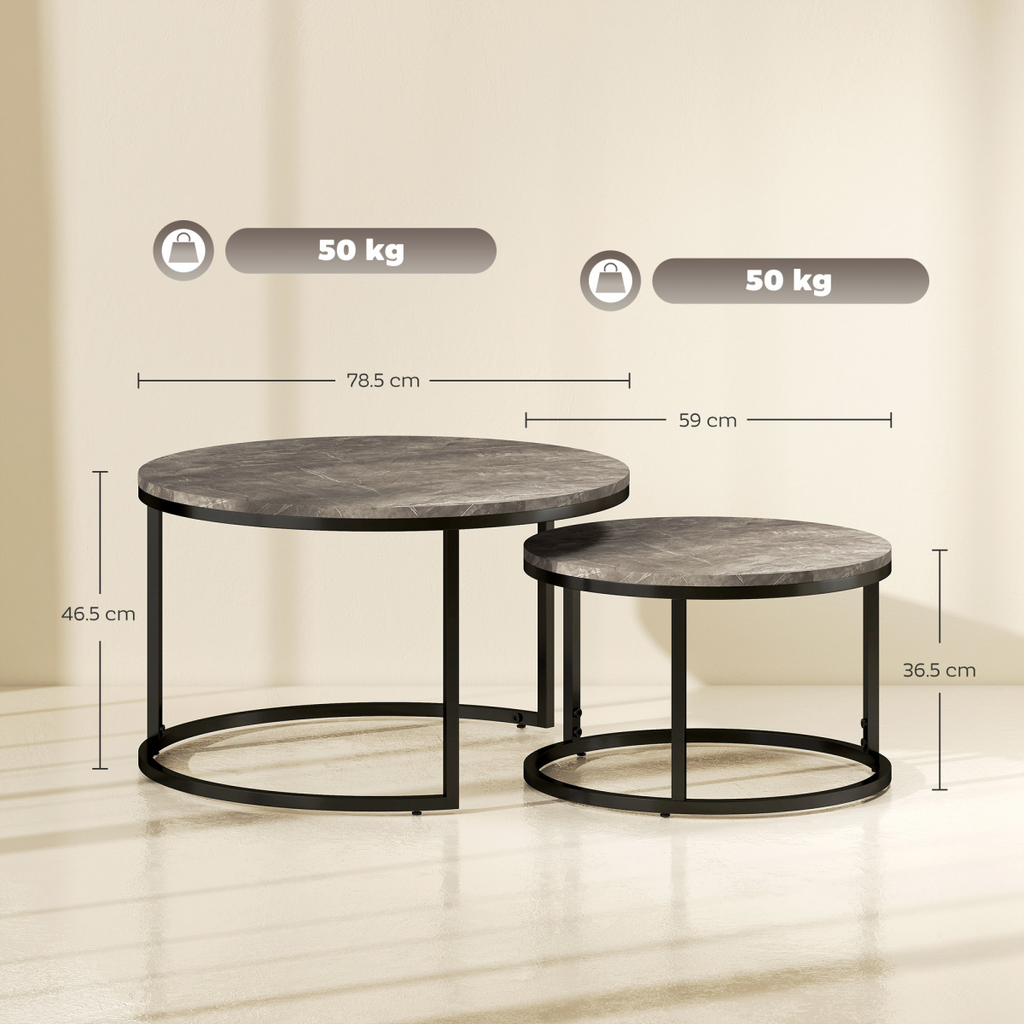 HOMCOM 2 Pcs Stacking Coffee Table Set Steel Frame Marble-Effect Top Foot Pads