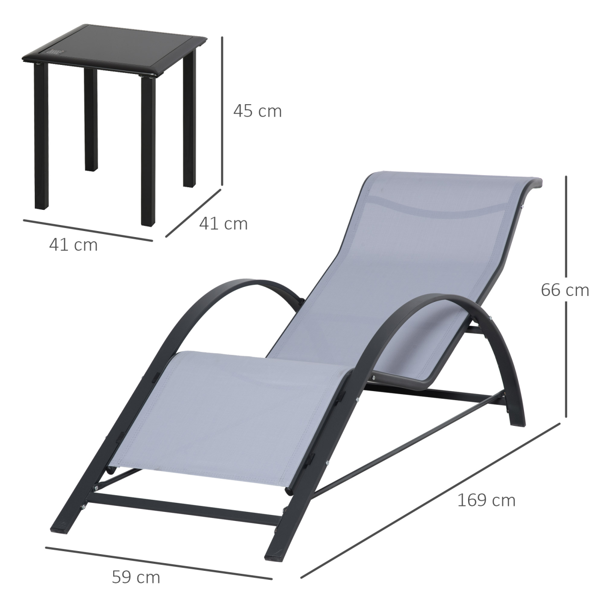 3Pc Garden Recliner Sunbathing Chair with Table, Light Grey