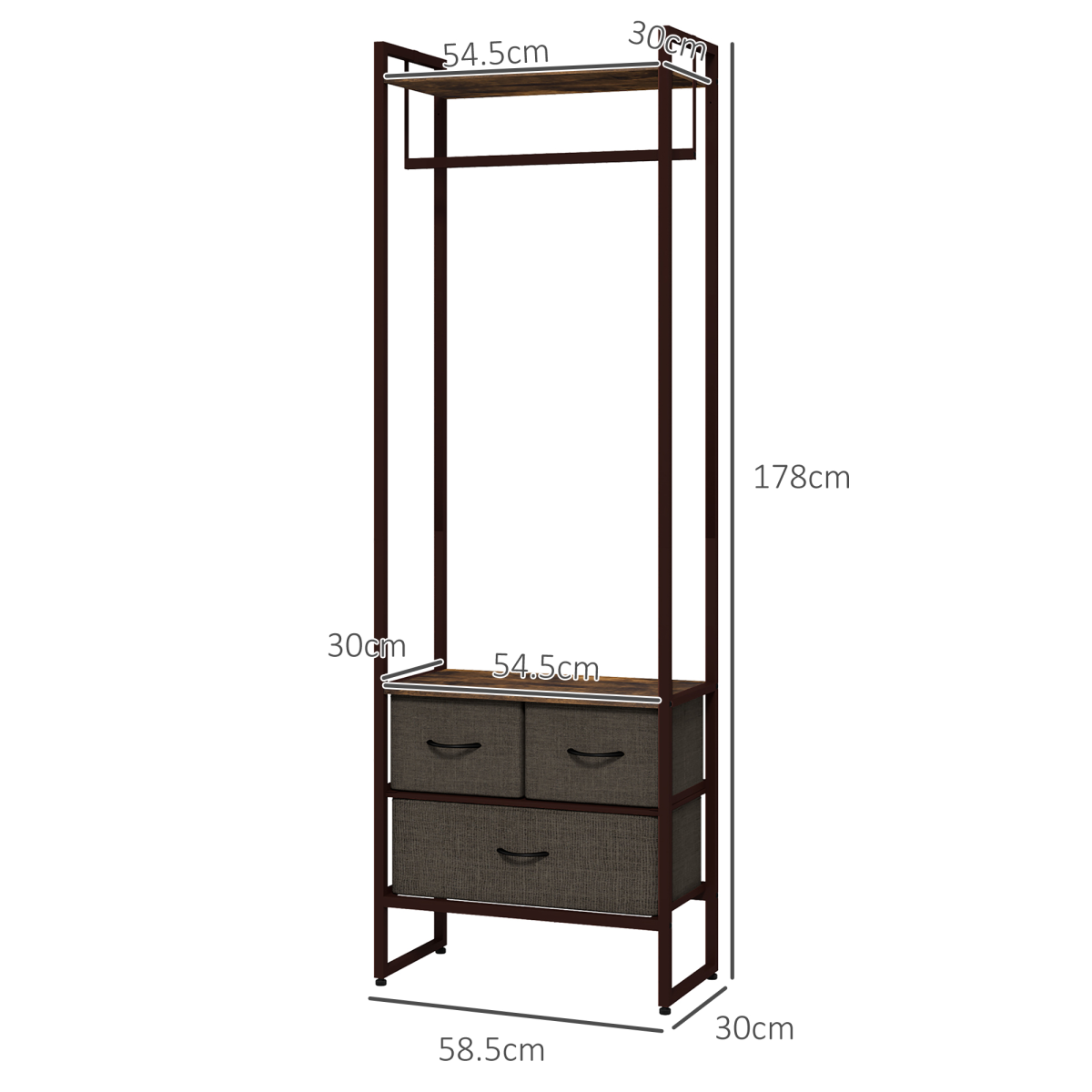 HOMCOM Clothes Hanging Rail with 3 Fabric Drawers Storage Shelves for Hallway