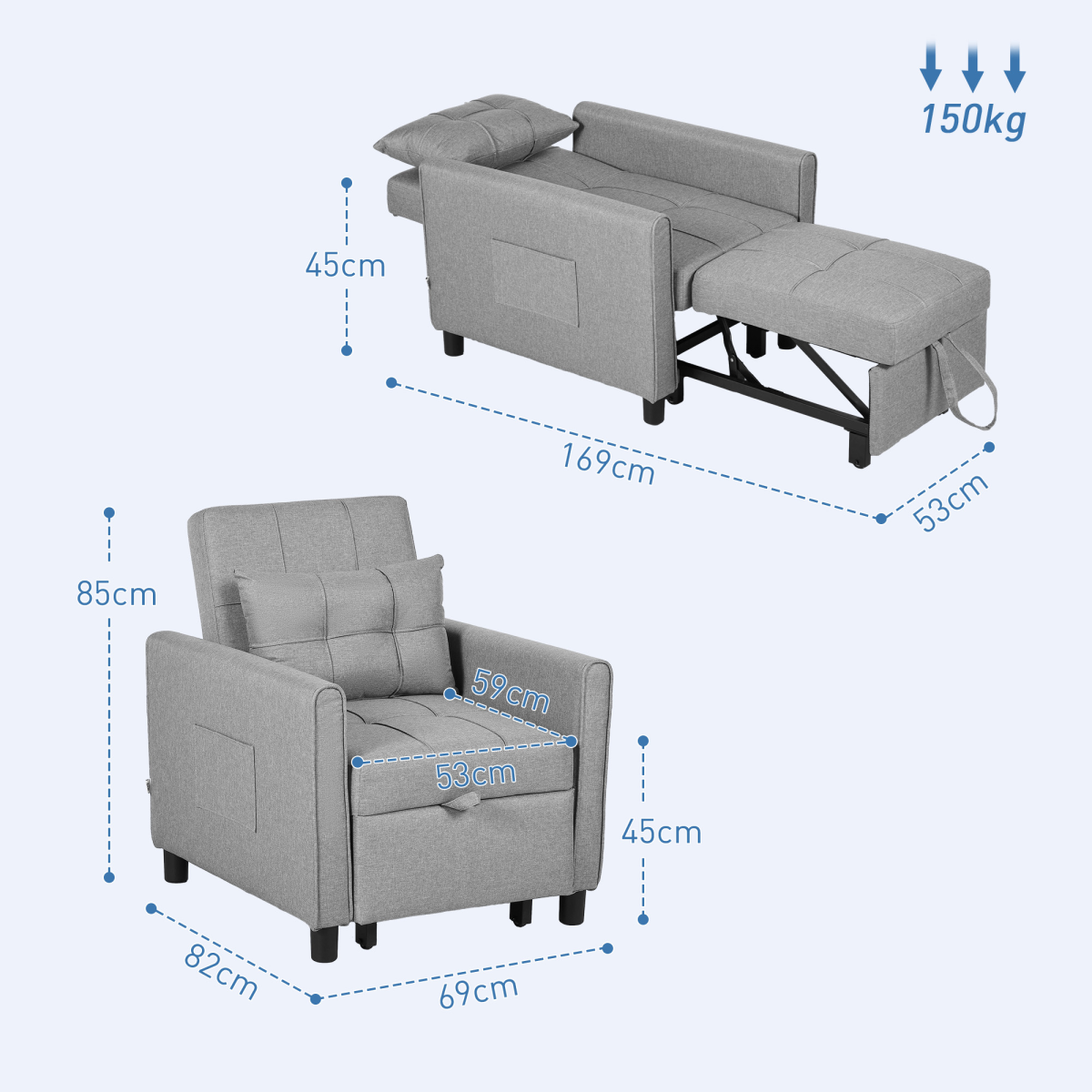 HOMCOM Pull Out Chair Bed, Sleeper Chair with Pillow, Side Pockets, Light Grey
