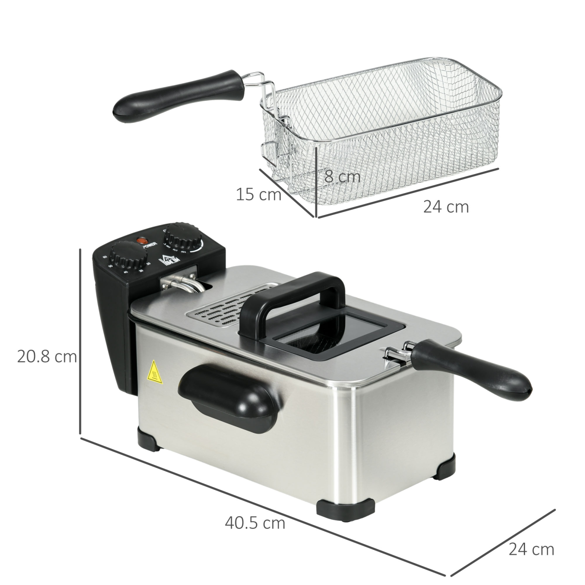 HOMCOM 3 Litre Deep Fat Fryer with Adjustable Temperature, 60min Timer, 2000W