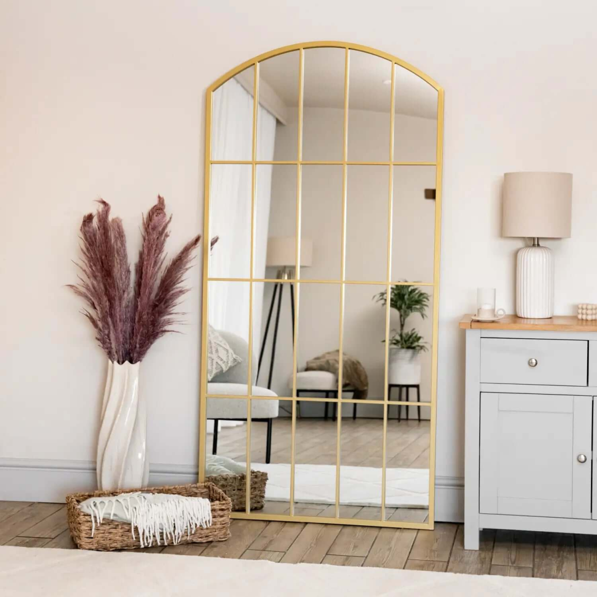 Tomi Gold Metal Arched Lattice Window Mirror - 180cm x 90cm Elegance