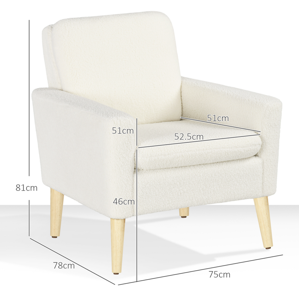 HOMCOM Modern Accent Chair with Wood Legs, Wide Seat, Teddy Armchair, Cream