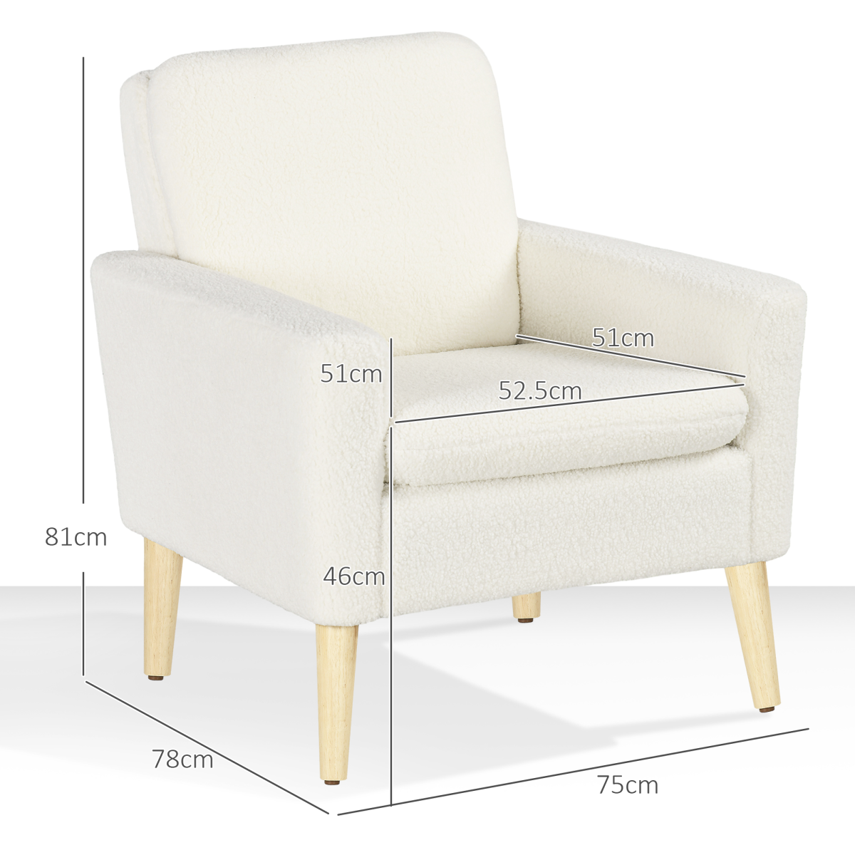 HOMCOM Modern Accent Chair with Wood Legs, Wide Seat, Teddy Armchair, Cream