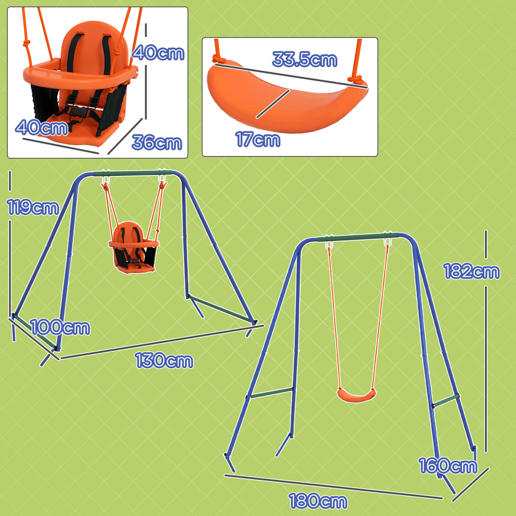 Outsunny Garden Swing Set for Toddlers, Kids with Seats, Safety Belt, Orange