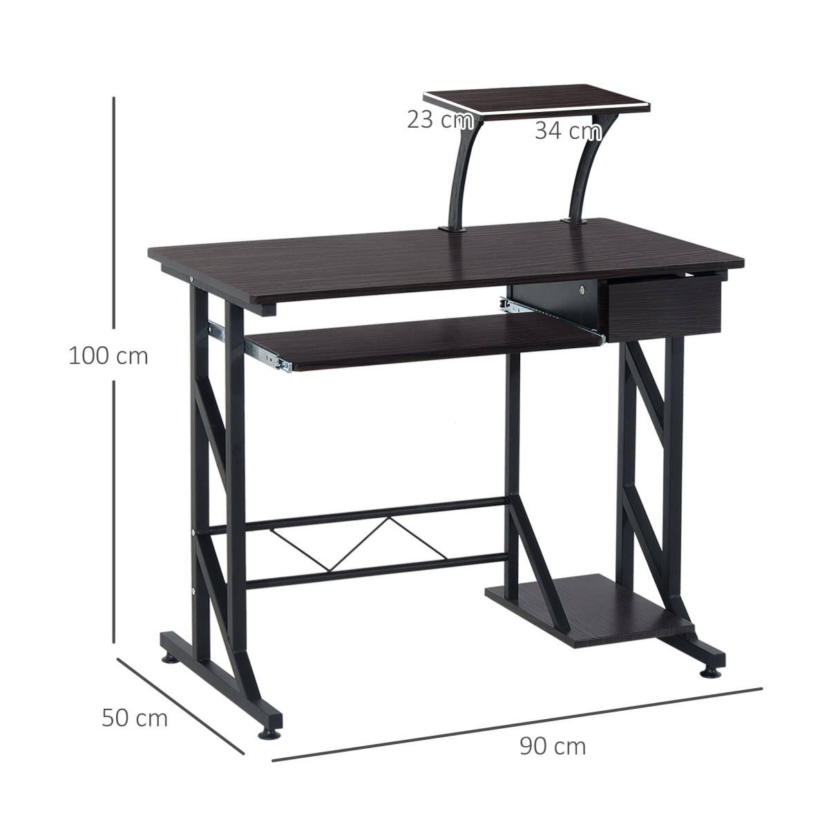Compact Modern Home Office Desk with Sliding Tray & Movable Shelf - Dark Brown