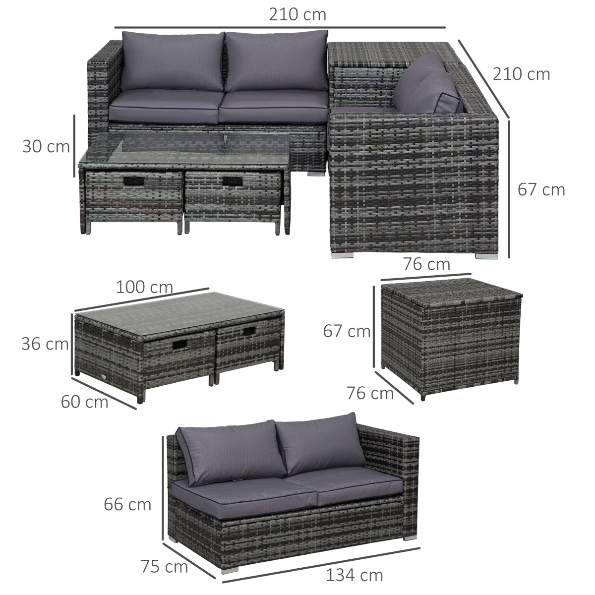 4pcs Rattan Sofa Storage & Table & 2 Drawers Cushions Corner Trunk Coffee Grey