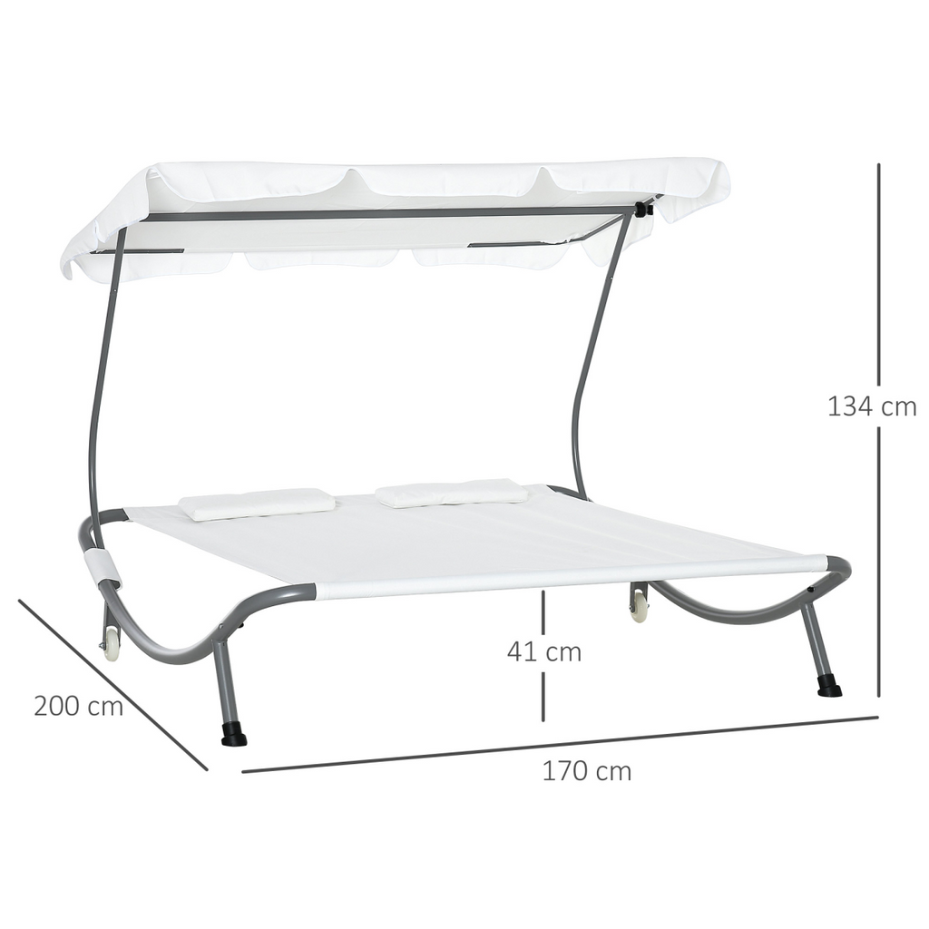 Double Hammock Sun Lounger Bed Canopy Shelter Wheels 2 Pillows Cream White