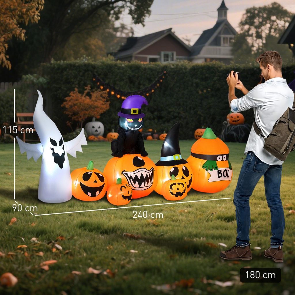 Outsunny 8 FT Blow Up Halloween Inflatables Pumpkin Ghost and Cat Combo