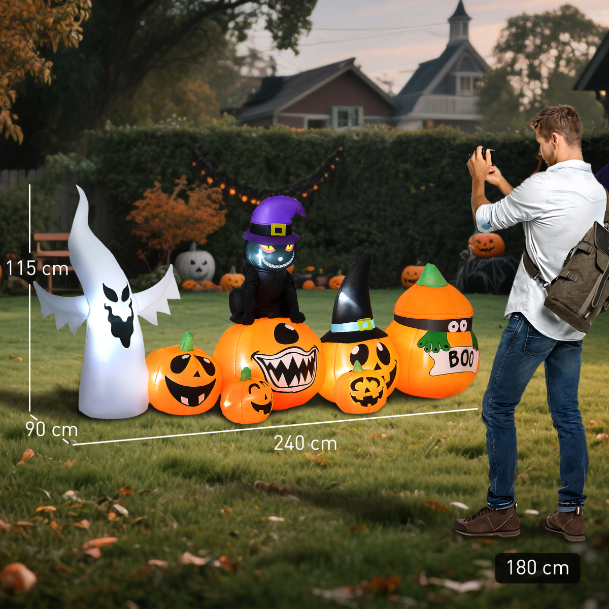 Outsunny 8 FT Blow Up Halloween Inflatables Pumpkin Ghost and Cat Combo